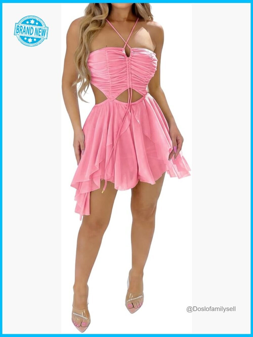Halter V Neck Mesh Jumpsuit Sheer Cutout Waist Flowy Ruffle Romper Club Party